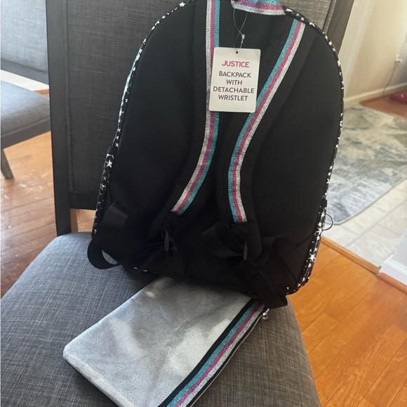 Justice Stars Print 17" Backpack W/ Detachable Wristlet Pencil Pouch Black NEW - Picture 3 of 4